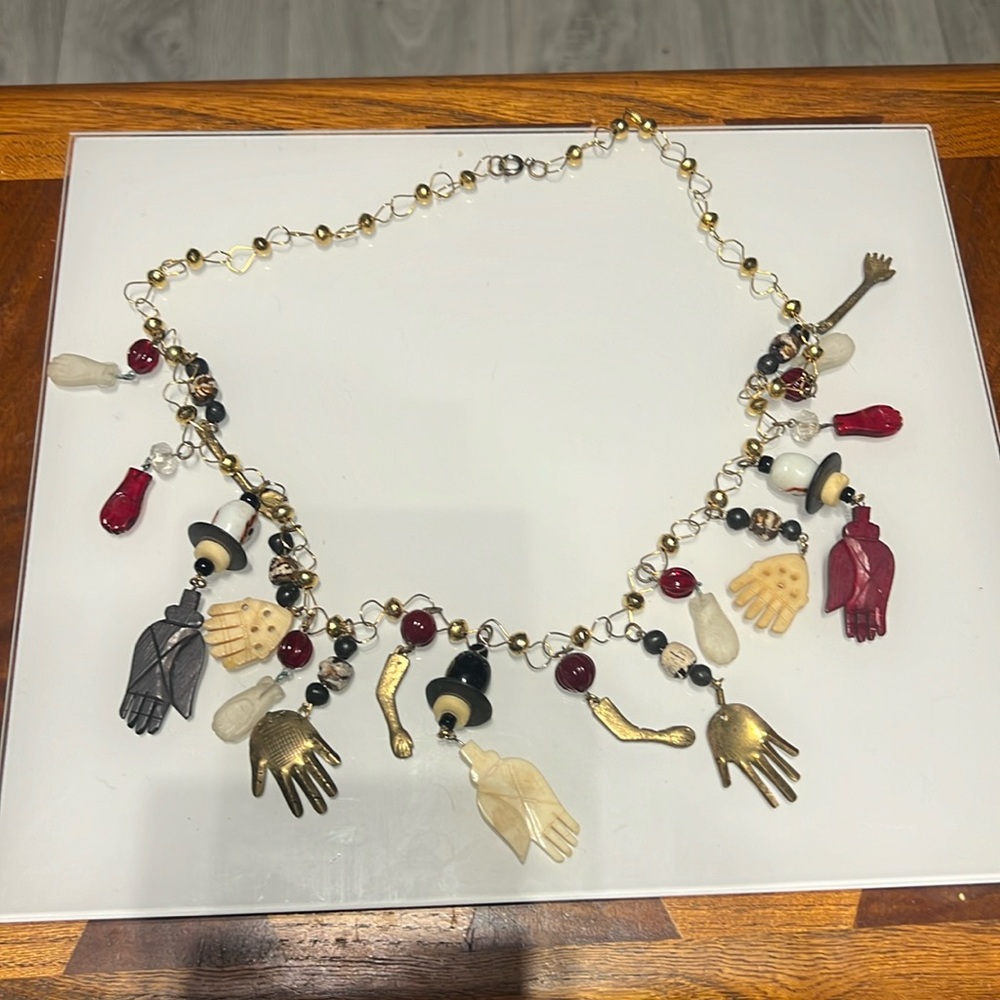 Vintage Fetish charm necklace carved bone glass hands hand crafted pendant